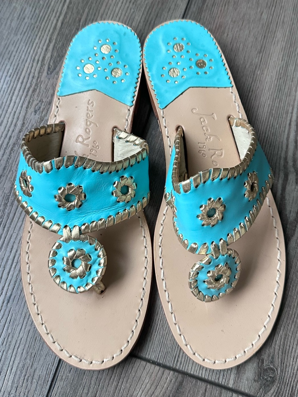 Jack Rogers Turquoise Leather Sandals Whipstitch Thong Size 8 Boho Summer